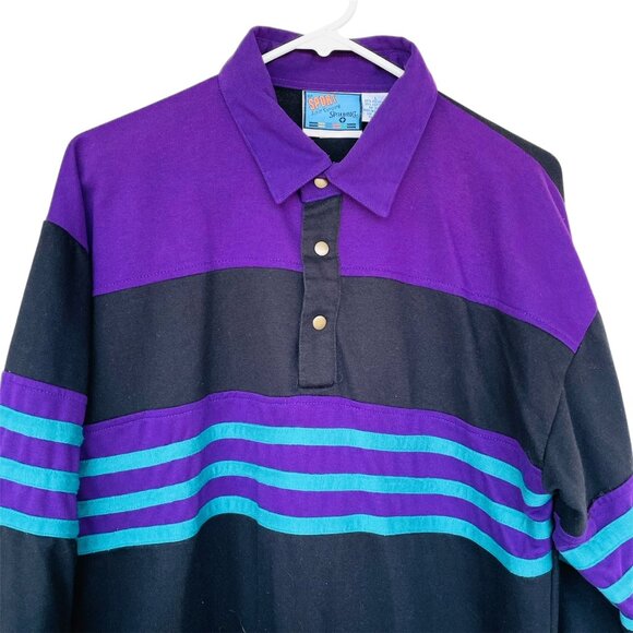 Vtg 1980s Spalding Sport Rugby Shirt Mens Sz L Purple Teal Stripe Grandpacore - Picture 2 of 5